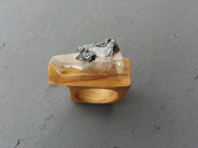 Wooden ring for women, Clear quartz, Iron pyrite, Big ring, Wooden jewelry, Eco friendly ash wood ring, Unique ring, Rock crystal image 5