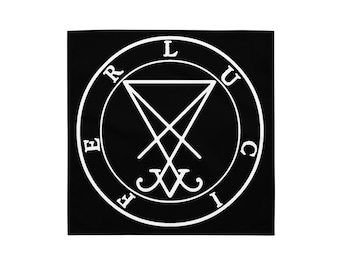 May include: Black square textile with a white sigil of Lucifer design. The sigil is a complex geometric symbol within a circle, with the letters L, U, C, I, F, E, R around the circle. The design is centered on the black background.