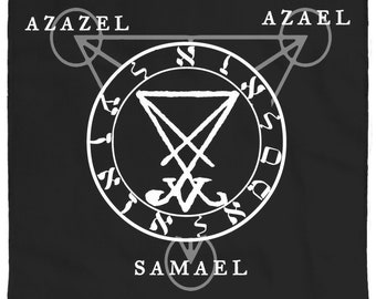Puede incluir: Una imagen en blanco y negro de un sello con las palabras "Azazel", "Samael" y "Azael" alrededor.