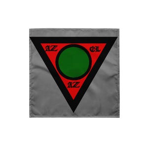May include: A gray flag featuring a black triangle with the letters "AZ" at the bottom and top left, and "EL" at the top right. Inside the triangle is a red border with a green circle in the center.
