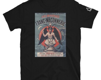 May include: A black t-shirt with a vintage illustration of a devil figure with horns and wings. The illustration is surrounded by text in French that reads "Les Mystères de la Franc-Maçonnerie Devoilés par Léo Taxil".