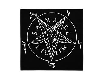 May include: Black square bandana featuring a white pentagram with a goat-like head inside a circle. The words "SAMAEL" and "LILITH" are written around the pentagram. Additional symbols are in each corner.