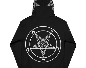 May include: Black hoodie featuring a white pentagram with a goat's head inside a circle. The hood has a white geometric design. The hoodie is a dark color and has a simple, yet striking design.