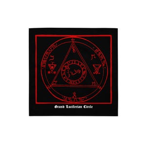 May include: Black square textile with a red circular design featuring symbols and text. The design includes a triangle, a circle with a clock-like element, and the words "Grand Luciferian Circle" at the bottom.