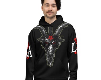 May include: Black hoodie featuring a detailed illustration of a goat's head with a red pentagram and red eyes. The sleeves have white text. The hoodie has a front pocket and a hood.