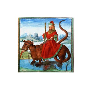 May include: A medieval illustration shows a figure in a red robe and hat, holding a staff, riding a fantastical beast with a long tail. The beast is brown with green accents, set against a backdrop of water and a blue sky.