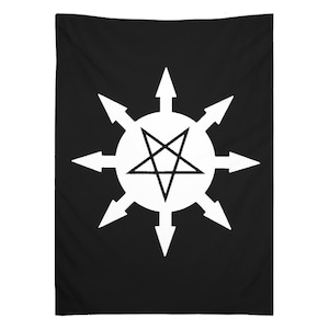 May include: A black tapestry with a white pentagram inside a circle of eight white arrows pointing outwards.