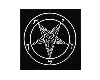 May include: Black square featuring a white pentagram with a goat-like head inside a circle. The design includes Hebrew letters around the circle. The image is a graphic representation of a symbol often associated with occult or alternative spiritual practices.
