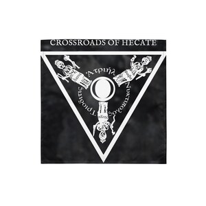 May include: Black square flag with a white triangular design. The triangle contains a central circle and three figures, with Greek text. The words "CROSSROADS OF HECATE" are at the top.