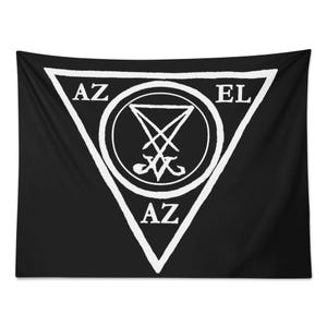May include: Black tapestry with a white triangular border. Inside the triangle is a white circle with a symbol and the words "AZ" and "EL". The tapestry is a decorative wall hanging.