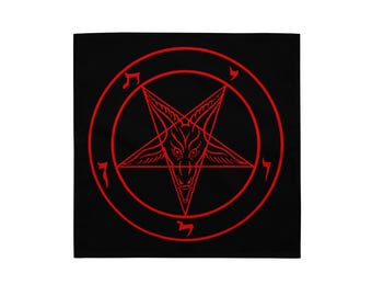 May include: Black square textile featuring a red pentagram with a goat-like head inside a circle. The pentagram is surrounded by symbols. The design is centered on the fabric.