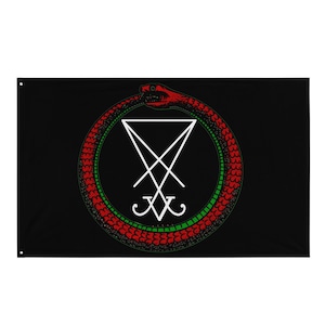 May include: A black flag with a white inverted pentagram inside a red and green snake circle.