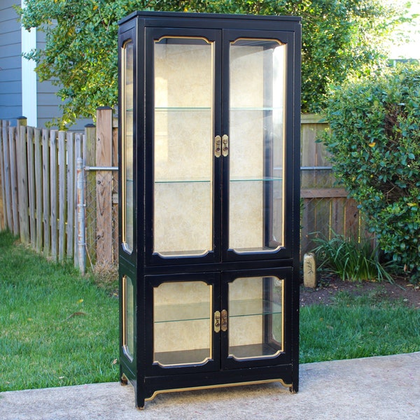 Mid 20th c. Hollywood Regency Black and Gold China Display Cabinet (32x72") - Chinoiserie Maison Jansen Style Dorothy Draper Style (32x72")