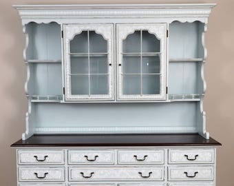 SOLD -- Refinished soft blue painted hutch / china cabinet with hand-painted design