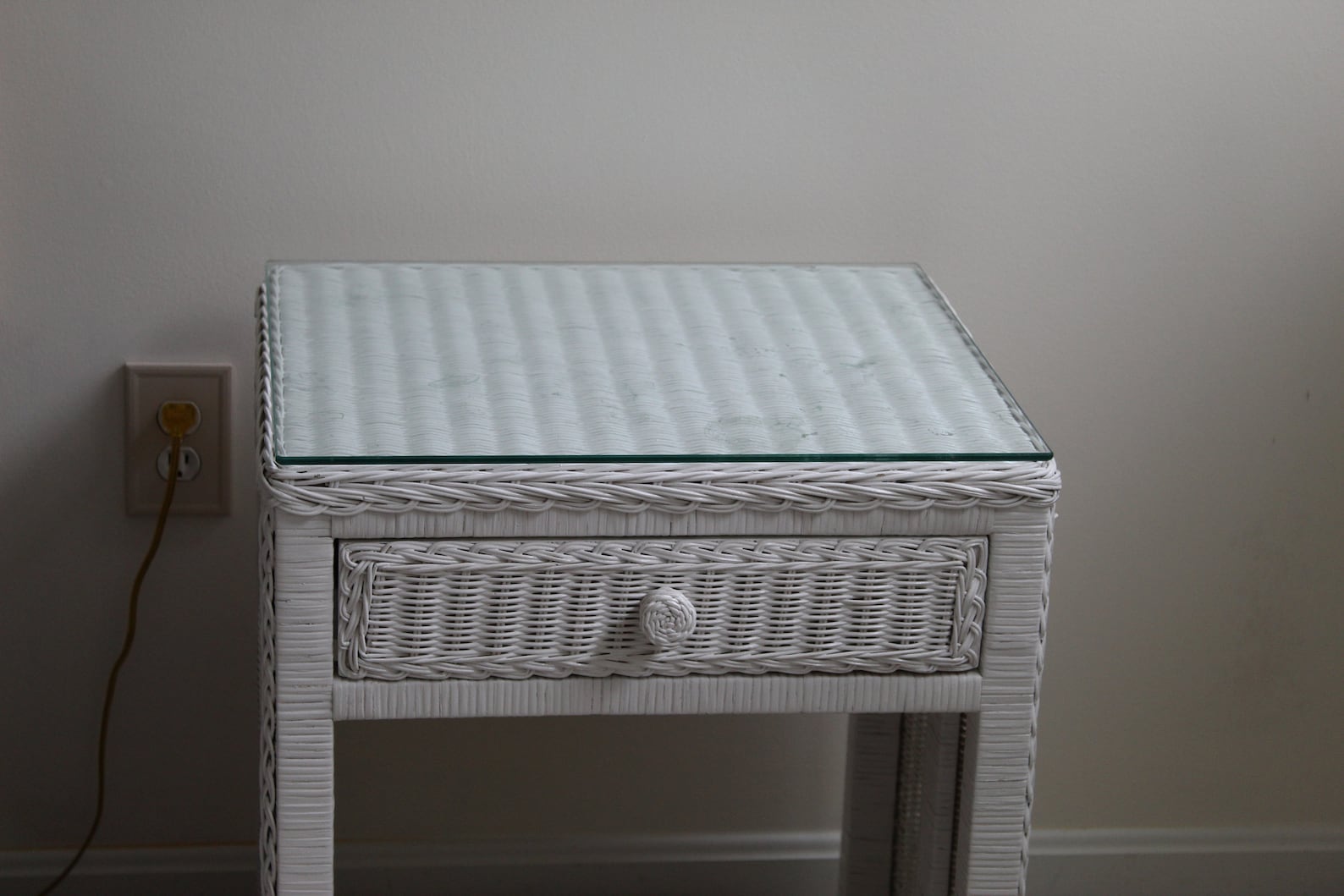 White Wicker Night Stand End Table with Glass Top Etsy
