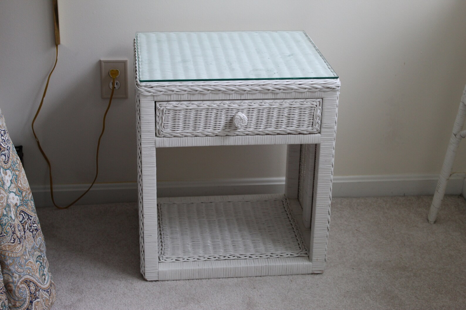 White Wicker Night Stand End Table with Glass Top Etsy