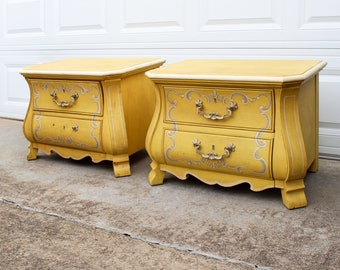 1960s Drexel Rococo Bombe Nightstands Chests Commodes Small Dressers Side Tables, A Pair, Yellow Painted Hollywood Regency Dorothy Draper