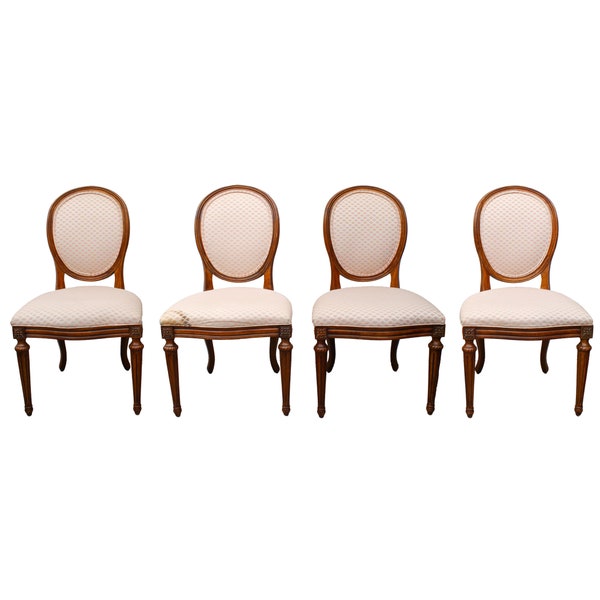 Late 20th Century Louis XVI Medallion Oval Back Dining Side Chairs, Set of 4, French Carved Walnut Circle Back Dining Chairs