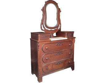 Victorian Carved Walnut Dresser Chest of Drawers w/ Wishbone Mirror Marble Top Glove Boxes