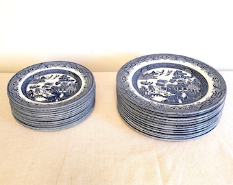 Large Lot of Blue Willow: 10.5" Dinner Plates (12) and 8" Salad Plates (12) Churchill England Blue and White China Chinoiserie