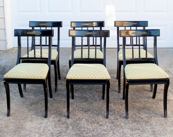 Hollywood Regency Style Black & Gold Klismos Dining Chairs, Set of 6, Mid-20th Century, Manner of Dorothy Draper and Maison Jansen