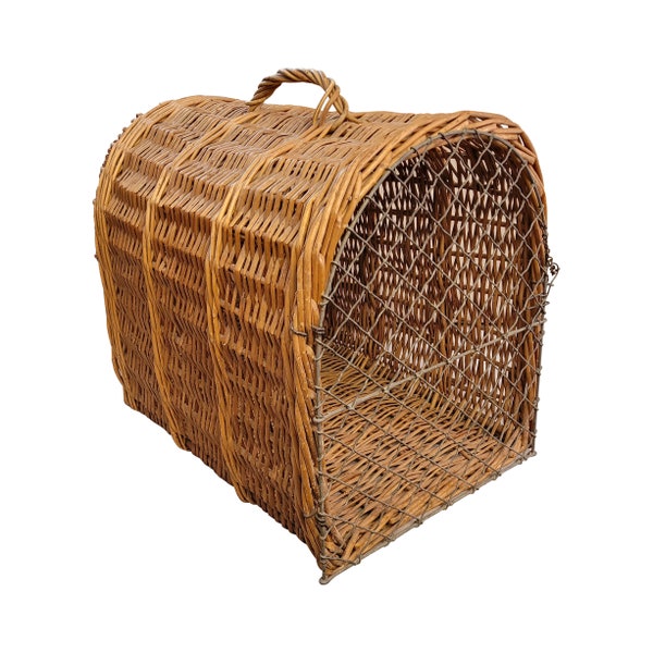 Circa 1940s English Wicker Pet Carrier, Latched Wire Mesh Door & Handle, Kennel Crate for Dogs Cats Rabbits Cottagecore Boho Cane Rattan Bed