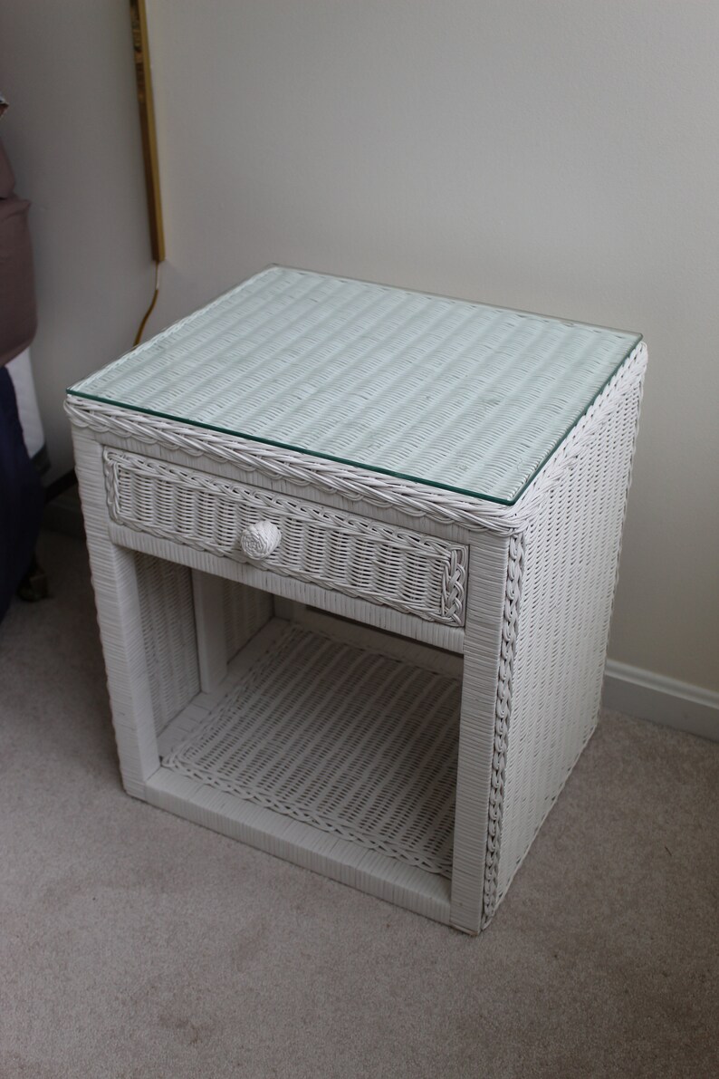 White Wicker Night Stand End Table with Glass Top Etsy