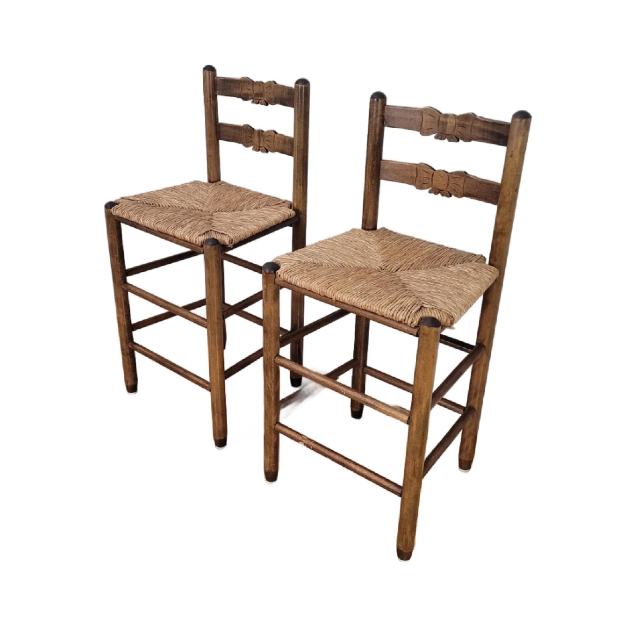 Carved Bows Ladderback Rush Seat Bar Stools, A Pair, Rustic