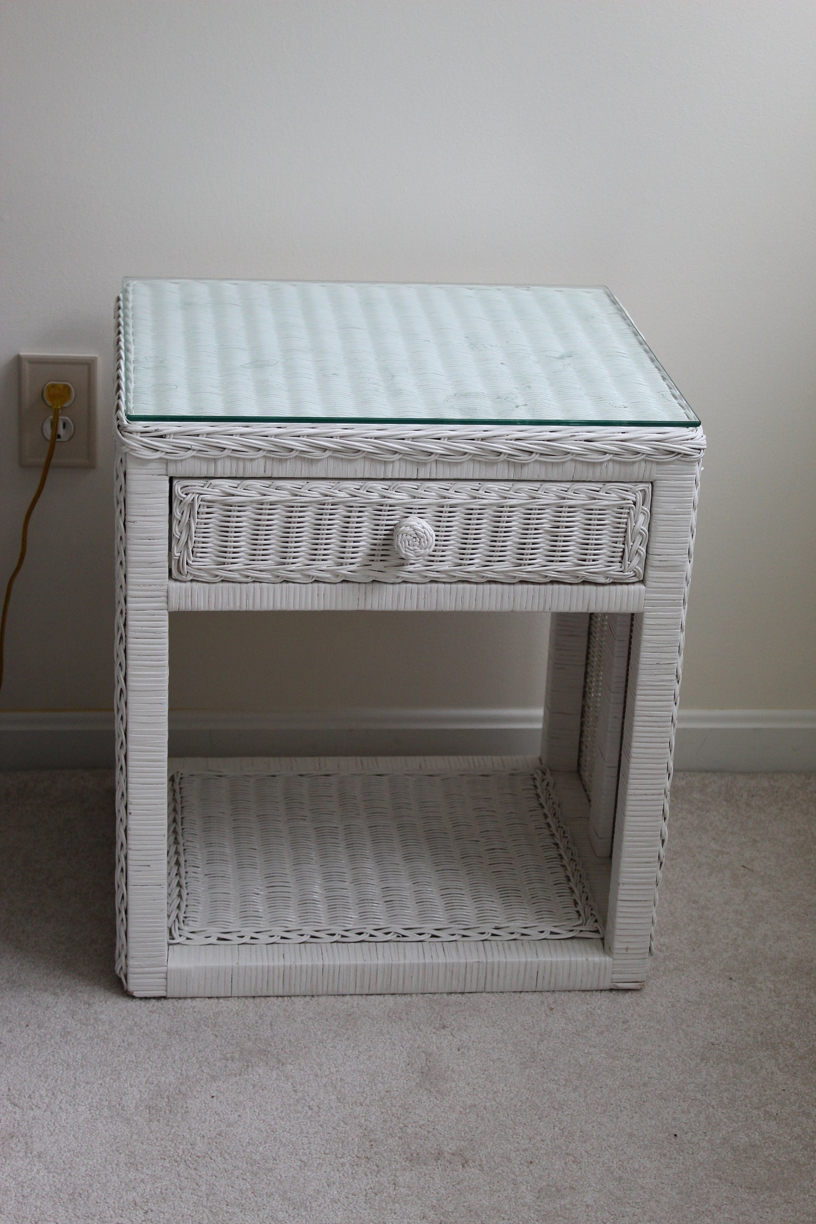 White Wicker Night Stand End Table with Glass Top Etsy