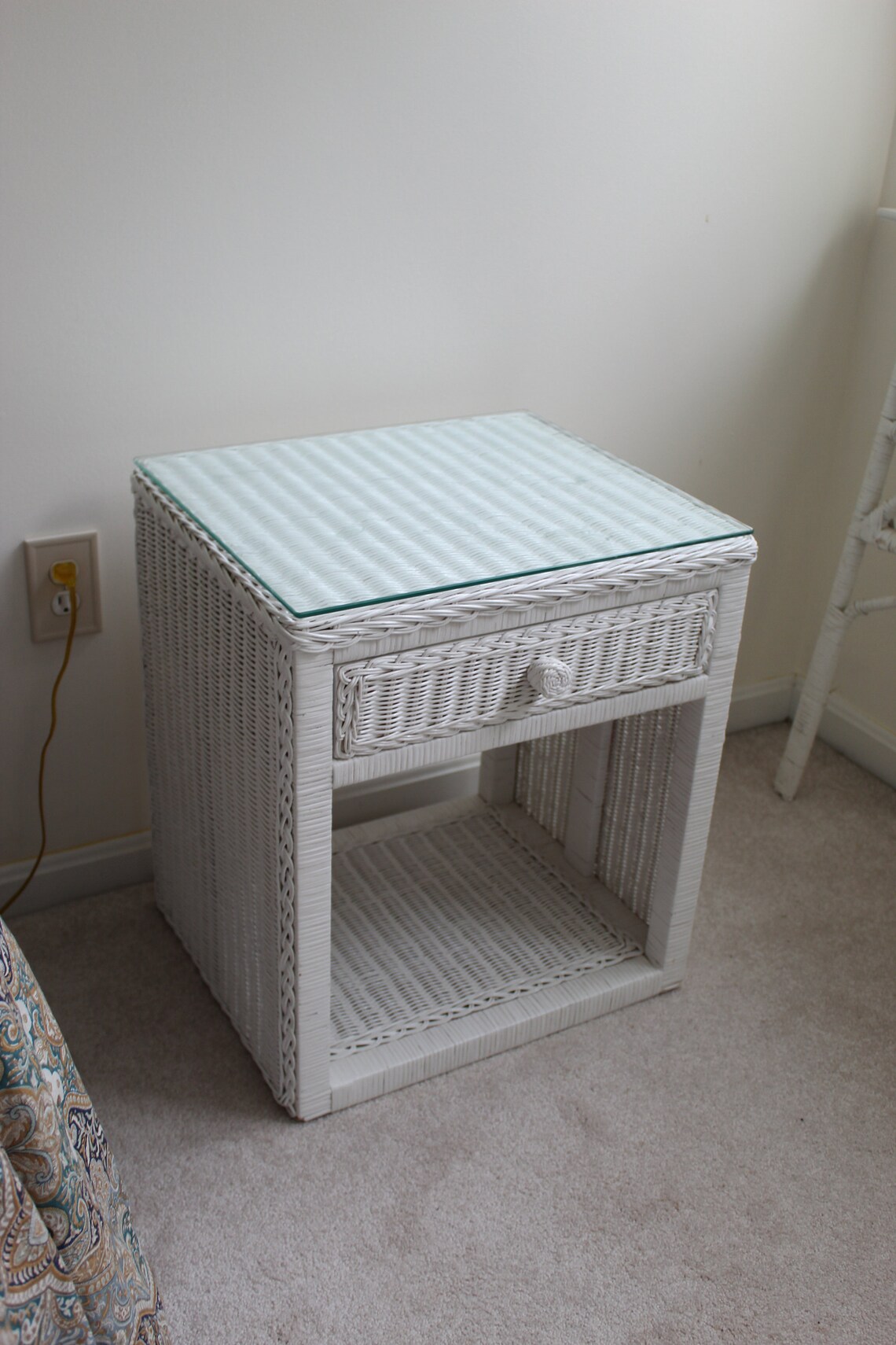 White Wicker Night Stand End Table with Glass Top Etsy