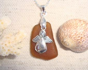 Guardian Angel Necklace - Honey Sea Glass Necklace - Sea Glass Jewelry - Gift for Her - Handmade in Italy