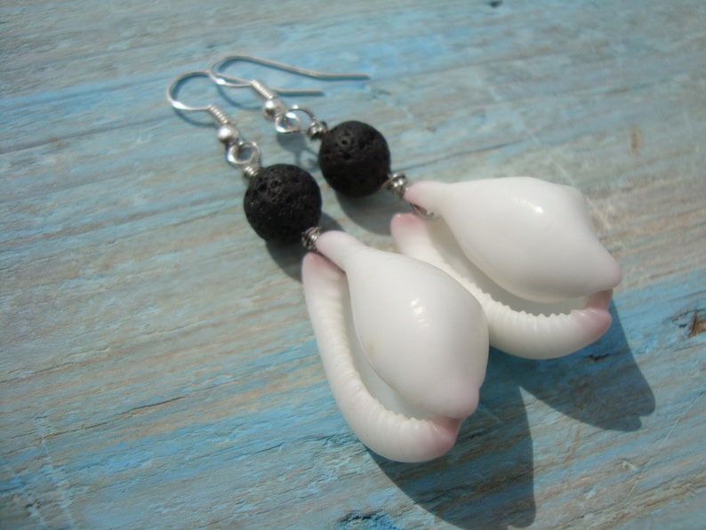 White Shell Earrings-Boho Style-Italian Jewelry-Drop Earrings-Black and White-gift for her-Handmade in Italy
