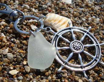 Sea Glass/Sea Shell Keychain - Authentic Sea Glass - Genuine Seaglass Key Chain - Helm Key Ring - Nautical Style - Gift for Sea Lovers