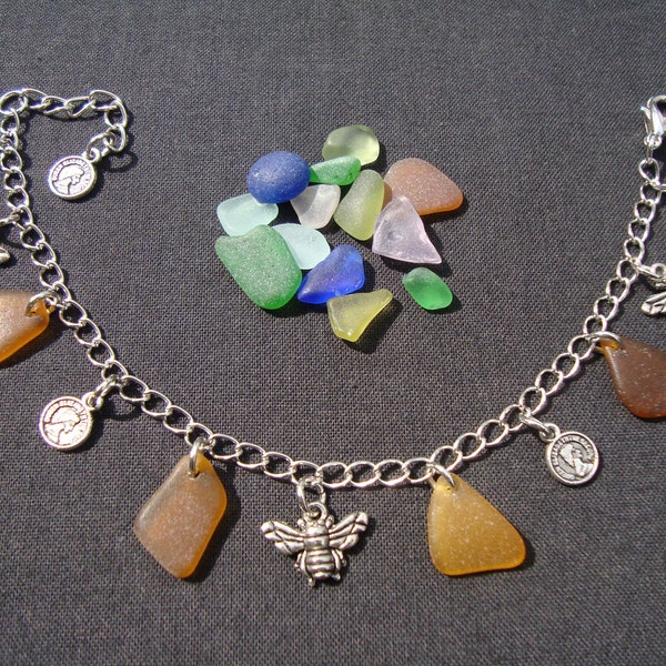 Sea Glass Bracelet - Boho style bracelet - Genuine Seaglass - Honey Seaglass Jewelry - Bees - Gift for her