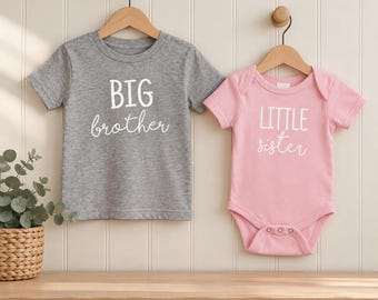 May include: A gray short-sleeved t-shirt with the white text BIG brother and a pink short-sleeved bodysuit with the white text LITTLE sister. Both garments are displayed on wooden hangers against a white paneled wall with a small plant nearby.