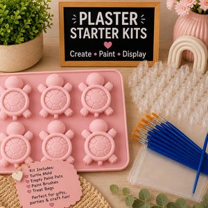 May include: A plaster starter kit featuring a pink silicone mold with six turtle-shaped cavities, a set of blue paintbrushes, numerous clear plastic paint pots, and a pink card with the text: Kit Includes: Turtle Mold, Empty Paint Pots, Paint Brushes, Treat Bags, Perfect for gifts, parties & craft fun!