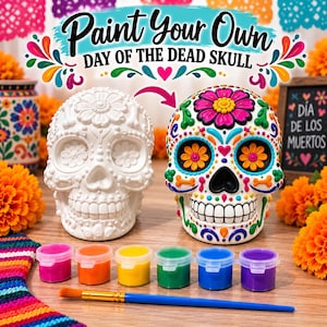 May include: A paint-your-own Day of the Dead skull kit featuring one plain white skull, one fully painted colorful skull, six small pots of paint in pink, orange, yellow, green, blue, and purple, and one blue-handled paintbrush.