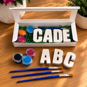 May include: A white cardboard box containing white wooden letters spelling CADE, green paper filler, and small paint pots in blue, orange, pink, and black. Three blue paintbrushes are included, with additional letters A, B, and C placed outside.