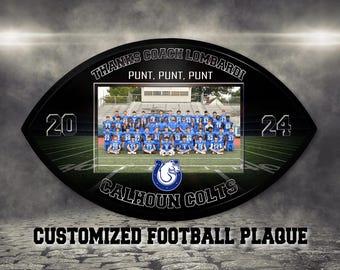 Personalized Football Shape Plaque. Makes for great Team Gifts, senior plaques, coaches gifts, and sponsorship awards.  Customized Plaques