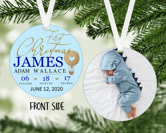 Baby's First Christmas birth announcement. Customized Christmas Ornament with optional baby picture.