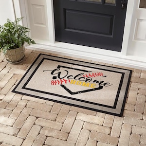 Welcome to our home softball/baseball door mat. Great for housewarming gifts. or softball gift idea. personalized doormat. Welcome doormat