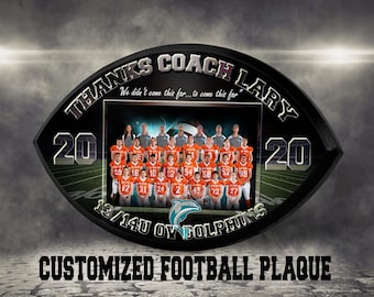 Personalized Football Shape Plaque. Makes for great Team Gifts, senior plaques, coaches gifts, and sponsorship awards.  Customized Plaques