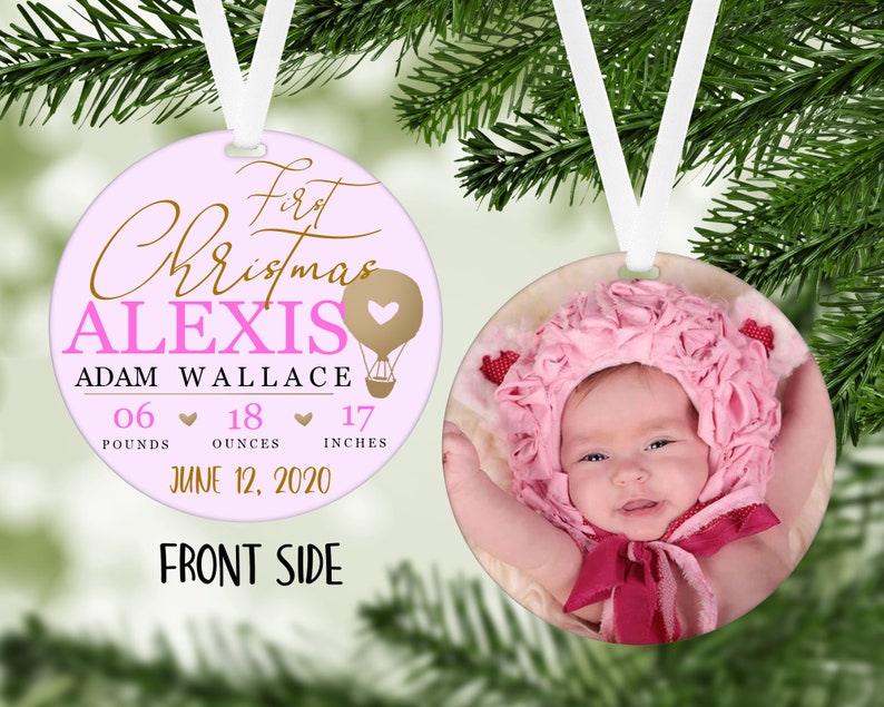 Anuncio del primer nacimiento navideño del bebé. Adorno navideño personalizado con imagen de bebé opcional. imagen 2