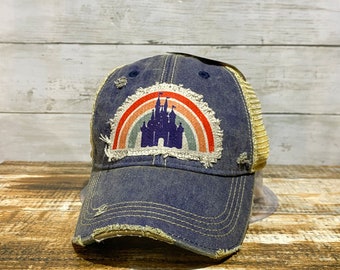 Park, Castle, Rainbow, Distressed Raggy Patch Hat with Your Logo, Logo Hat, Custom hats, Design your own hat, Patch hat, SassyPantsTees