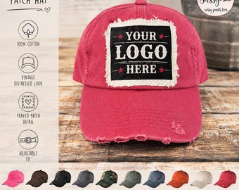 Vintage Logo Hat, Custom Distressed Raggy Patch Hat with Your Logo, Logo Hat, Custom hats, Design your own hat, District,  SassyPantsTees