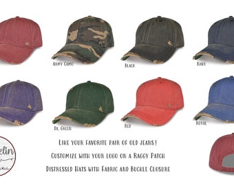 Weathered Logo Hat, Fabric and Buckle Closure, Custom Distressed Raggy Patch Hat with Your Logo, Logo Hat, Solid Back hats, SassyPantsTees