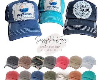 Washed,Solid Back Vintage Logo Hat,Custom Distressed Raggy Patch Hat, Logo Hat, Custom hats, Design your own hat, Dad hat, SassyPantsTees