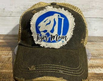 Tiger Mom, Custom Distressed Raggy Patch Hat with Your Logo, Logo Hat, Custom hats, Design your own hat, Patch hat, SassyPantsTees
