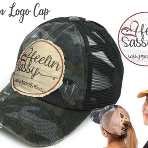 Vintage Logo,Messy Bun Hat,Custom Distressed Raggy Patch Hat with Your Logo, Criss Cross, Ponytail Hat,SassyPantsTees, Logo Hat
