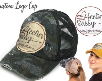 Vintage Logo,Messy Bun Hat,Custom Distressed Raggy Patch Hat with Your Logo, Criss Cross, Ponytail Hat,SassyPantsTees, Logo Hat